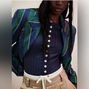 Free People Tilly Long-Sleeve Cardi Cardigan Top Ribbed Deep Navy Blue Sz M NWOT